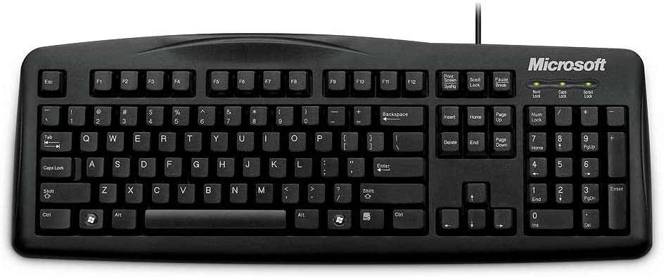 picture of the Microsoft Wired 200 which is a large black keyboard with a number pad and with Microsoft written on the top right